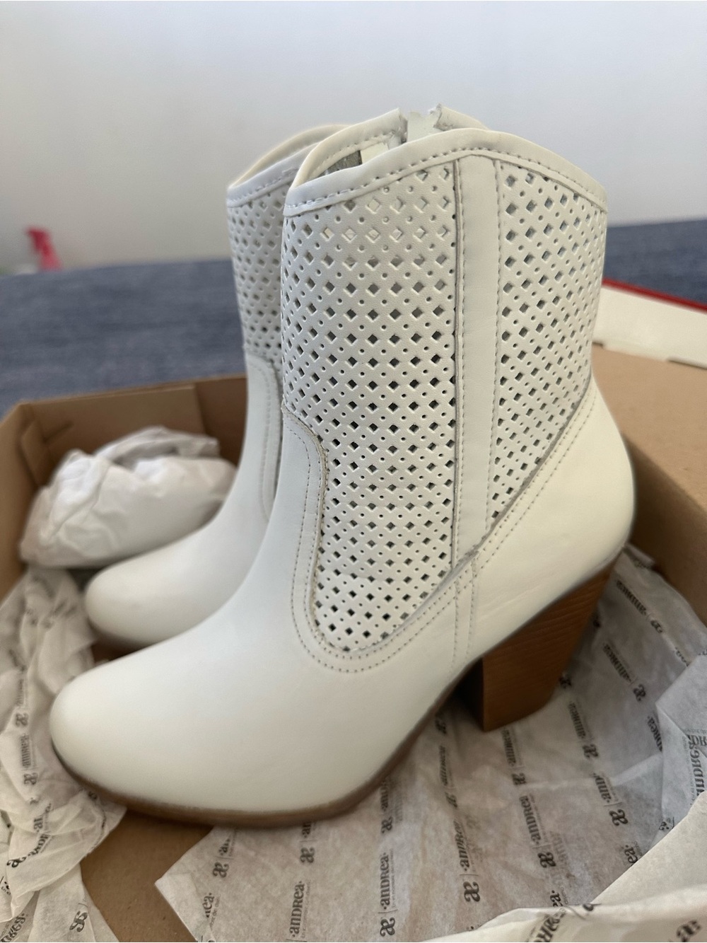 Perforated White Block Heel Ankle Booties for Women